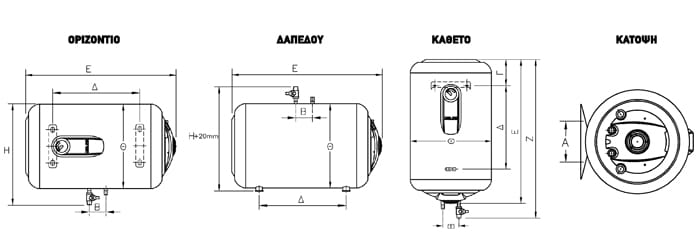 Πρόσοψη και κάτοψη θερμοσιφωνα 
ELCO TITAN 45 L